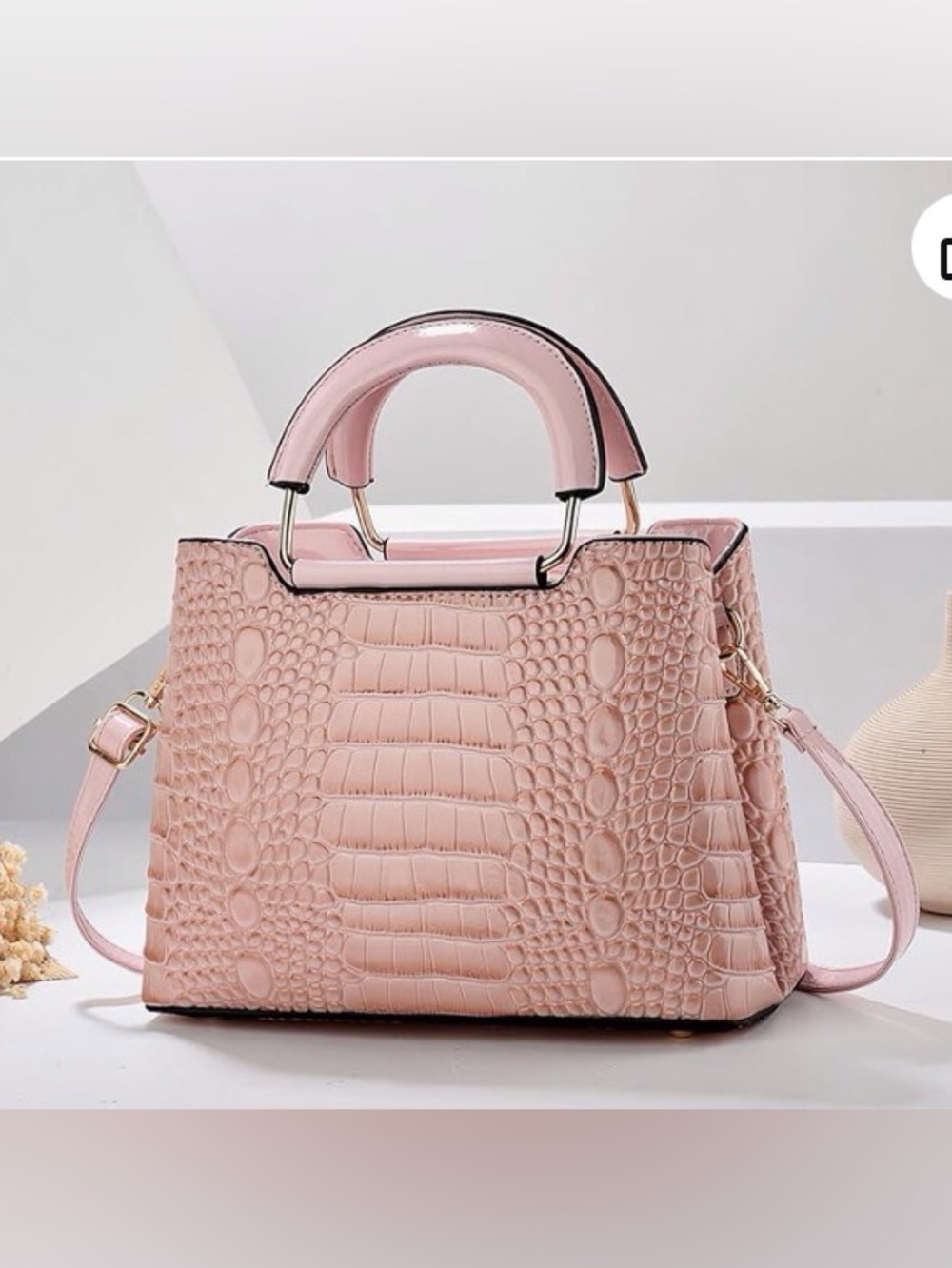 Croc-Embossed Pink Satchel with Detachable Strap
